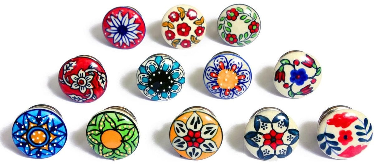 TRANKIELO Set van 12 handgeschilderde keramische knoppen met bloemenontwerp, diameter: 4 cm