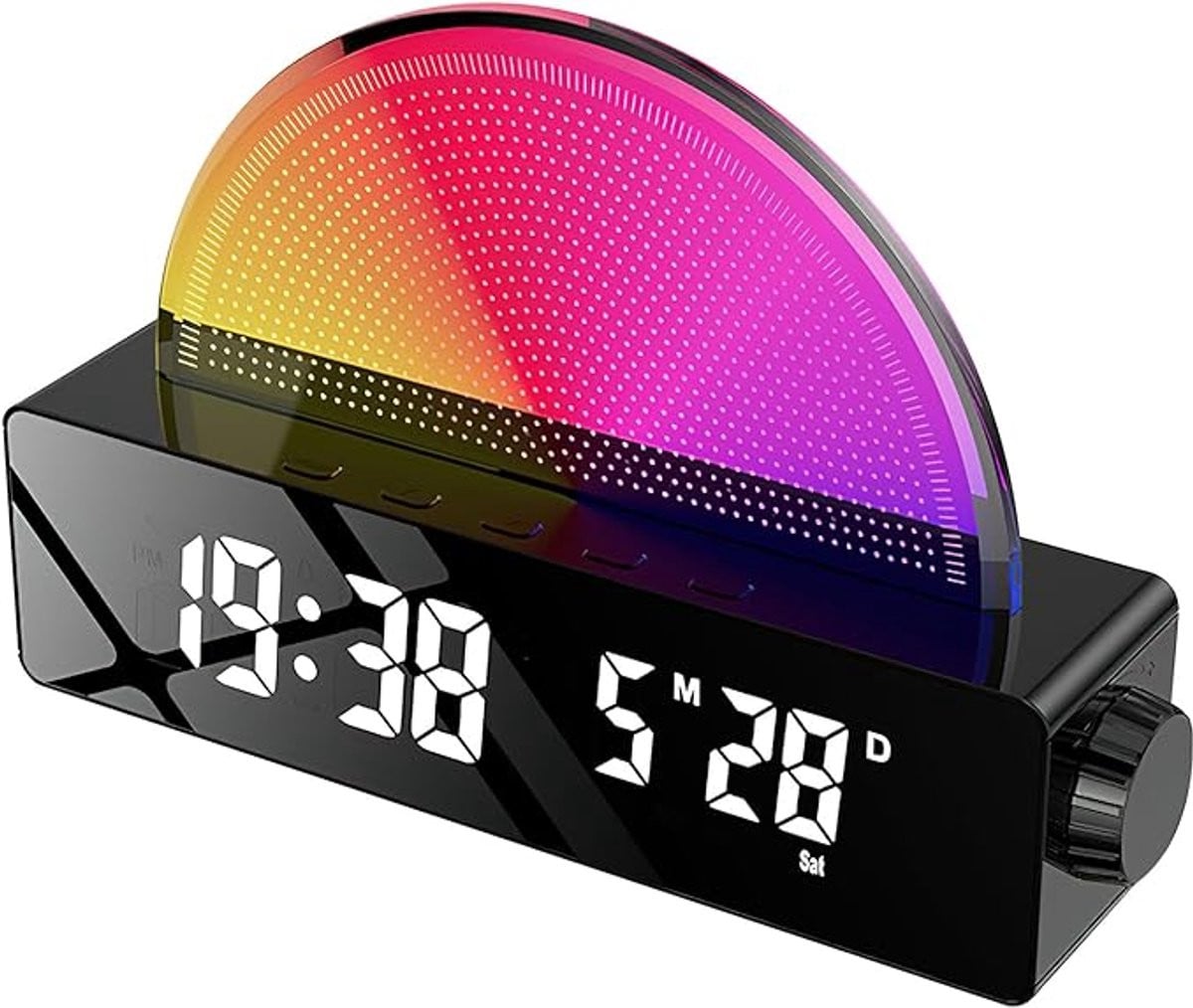 Slimme digitale wekker met LED-kleurendisplay, nachtlampje en USB-oplaadfunctie, zwart/multicolor