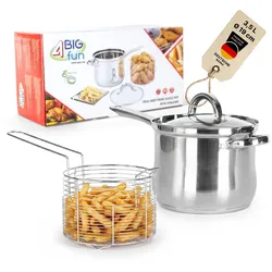 4BIG.fun Frittiertopf 3,5L aus Edelstahl mit Frittierkorb & Glasdeckel – Induktion, Gas, Glaskeramik & Elektro – Pommestopf Fritteuse Spülmaschinenfest