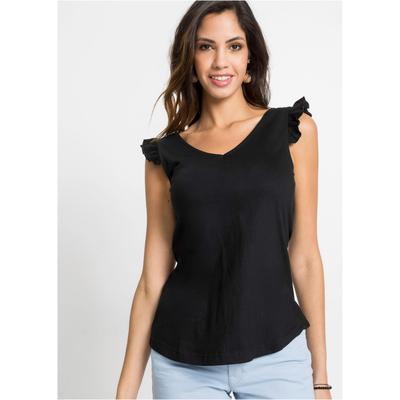 Shirttop BONPRIX, Damen, Gr. 36/38 (S), schwarz, Jersey, Obermaterial: 100% Baumwolle, unifarben, loose fit hüftbedeckend, V-Ausschnitt, Rüschen, Tops Shirttop, lockerer loose fit, mit süßer Rüsche, aus Baumwolle
