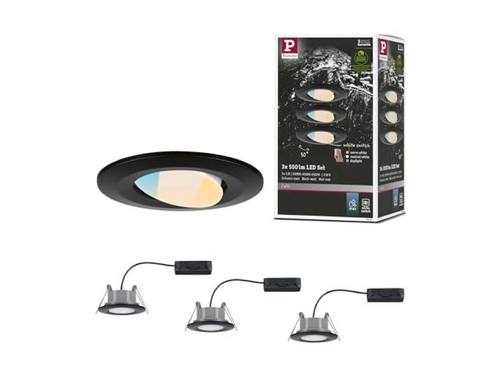 Paulmann 93096 LED Einbauleuchte Calla 3er-Set schwenkbar IP65 90mm 30° 3x550lm White Switch incl. 3x5 Watt Schwarz matt Kunststoff 3000 K