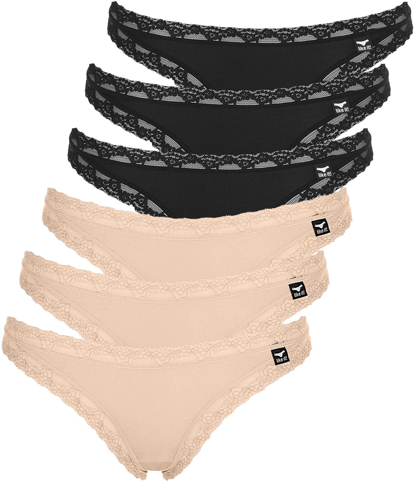 Like It! String LIKE IT "6er Pack Damen String Olivia", Damen, Gr. S, bunt (schwarz, nude), Obermaterial: 92% Polyamid PA. 8% Elasthan EL., Unterhosen String
