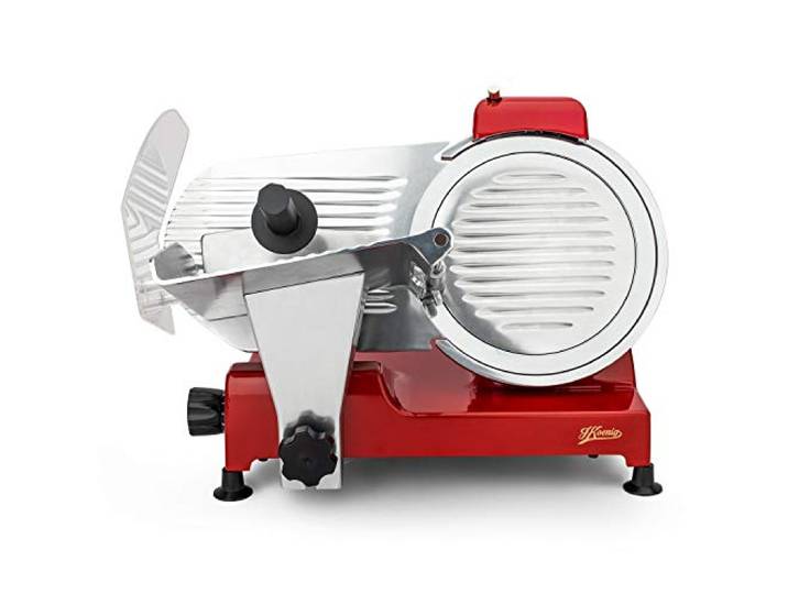 H.Koenig Elektrischer Fleischschneider MSX254, Wurstwaren, professionell, präzise,Schnitt 0-12 mm,Klinge 25 cm,eingebauter Schärfer,breite Platte,282 rpm, Rot