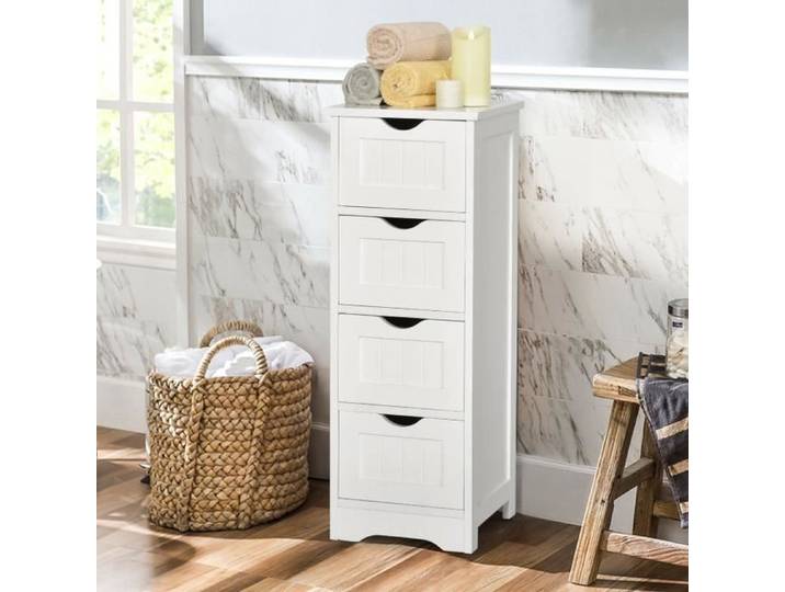 DREAMADE Commode Armoire de Rangement en Boisavec 4 Tiroirs & Poignée Pratique pour Salon Salle de Bain Blanc