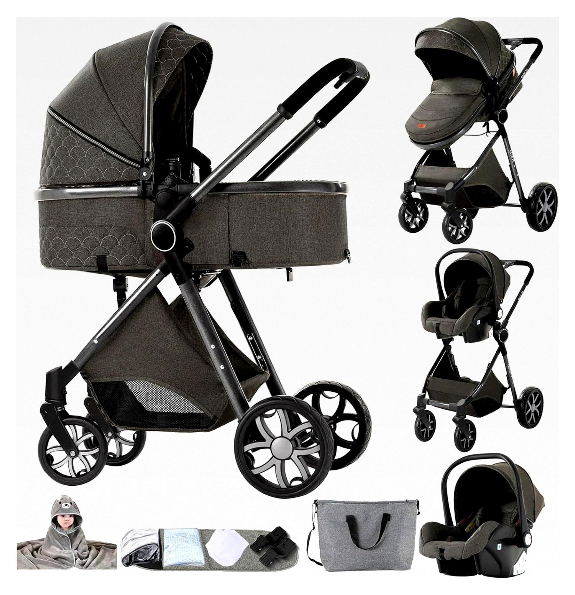 3-in-1 Kinderwagen, Buggy mit Umkehrbarem Zwei-Wege-Schub, Faltbarer Tragbarer Kinderwagen mit One-Click-Design, Komplettset mit Zubehör für Hohe Landschaft