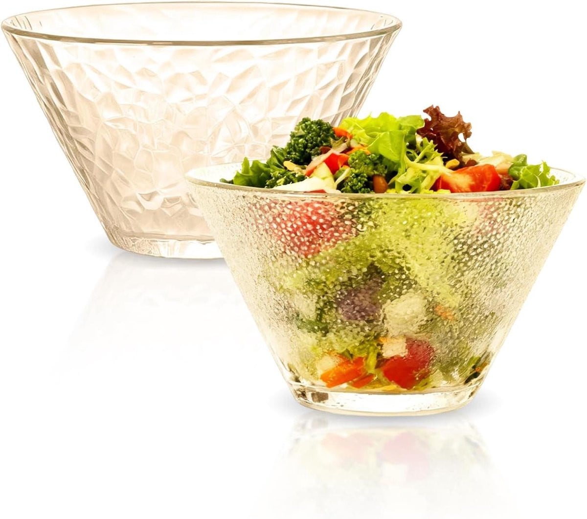 Set van twee bruine glazen saladeschalen met uniek textuur design, diameter: 14,5 cm