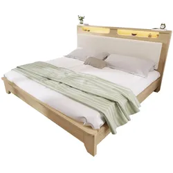 OKWISH Polsterbett 140x200 cm mit LED-Beleuchtung, Stauraum, Eichenrahmen und Cord-Rückenlehne – modernes Bett mit optionaler Bettbank Beige
