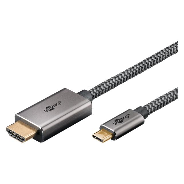 Goobay USB-C-auf-HDMI-Textilkabel 4K @ 60 Hz, 2 m, schwarzsilber (75700)