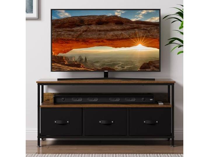 IDEALHOUSE TV-Lowboard im Farmhouse-Stil bis 65 Zoll – Entertainment Center mit 3 Stoff-Schubladen, offener Ablage & 4 Türen, TV-Konsole für Wohn- & Schlafzimmer, Farbe: klassisch Color Palette Black