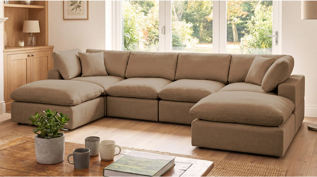 Ebern Designs Sahian U-Shaped Modular Corner Sofa Light Brown 3 Seater