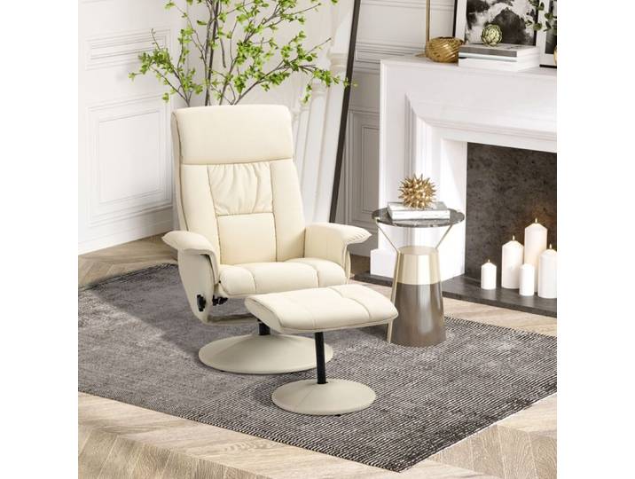 Fauteuil relax inclinable - Modèle pivotant - Dossier inclinable 135° - Assise pivot 360° - Simili cuir crème