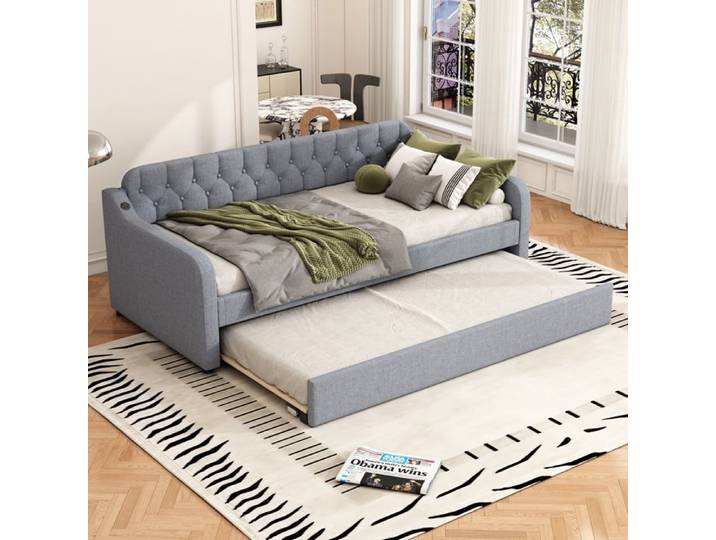 Canapé lit 90x200cm - Avec lit gigogne - Port USB - Lin - Gris (matelas non inclus)