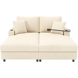 OKWISH XXL Doppelschlafsofa 163x140x82 mit Liegefunktion Handyhalter USB USBC Getränkehalter komfortable Polsterung Cord Stoff – Beige