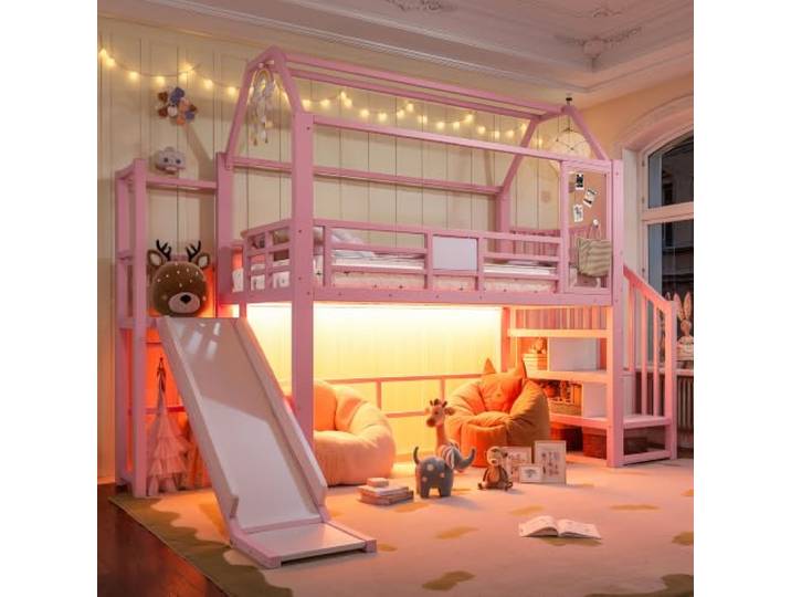 Bellemave Hochbett 90x200 cm, Treppe & LED, Metall, Rosa Bluetooth-LED-Beleuchtung, Treppe mit Stauraum, EN 747 geprüft, belastbar 150 kg, moderne Hausform