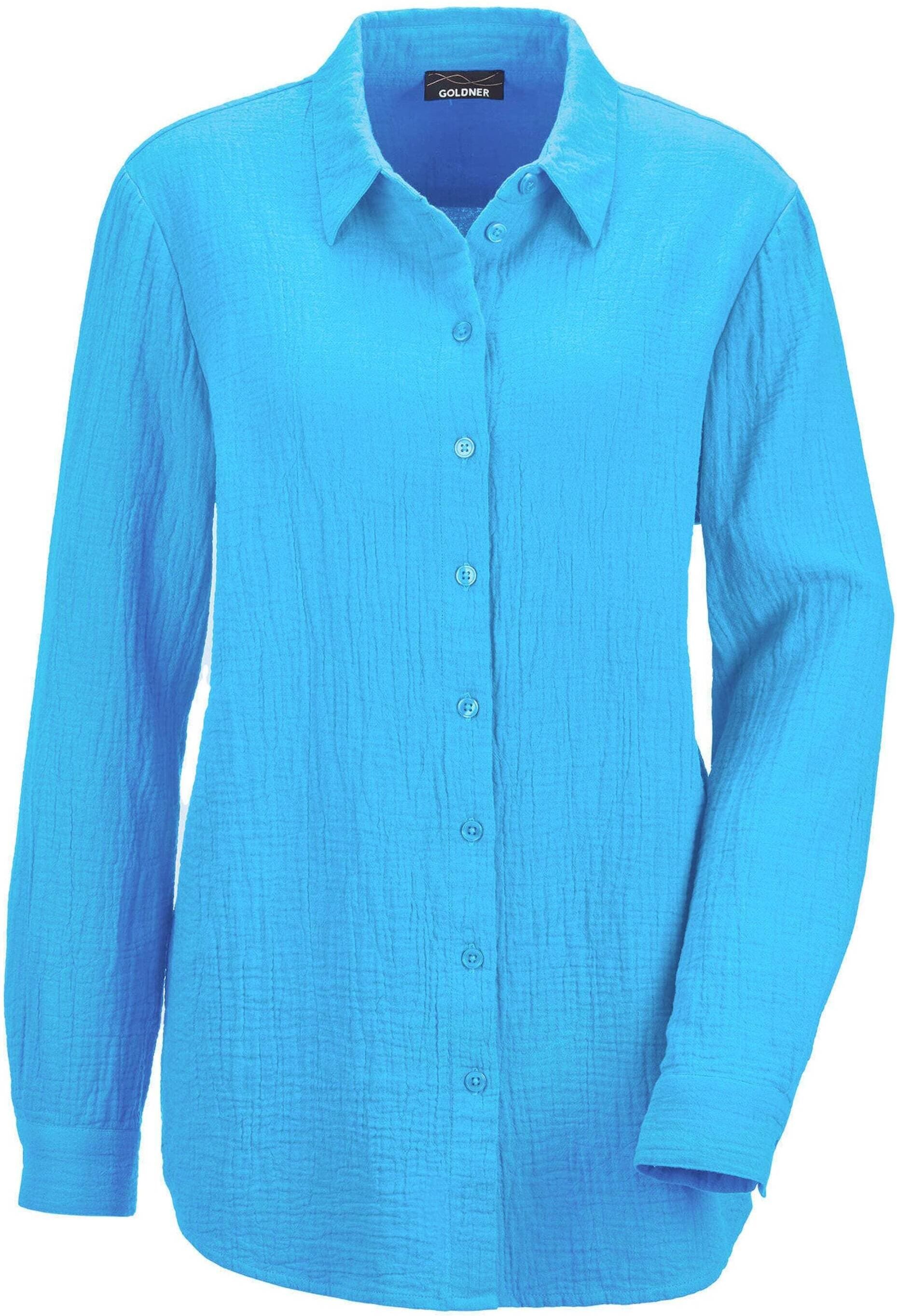 Hemdbluse GOLDNER "Verlängerte Langarm Musselin-Bluse", Damen, Gr. 52, blau (türkis), Obermaterial: 100% Baumwolle CO., Basic, figurumspielend, Manschette, Blusen Hemdbluse, überaus hautfreundliche Qualität