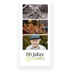 Einladungskarte 80. Geburtstag: Goldmomente mit Fotos in Weiß