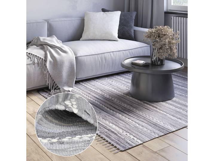 Teppich Sharon , grau (grau, weiß), B:120cm H:10mm L:170cm, Baumwolle, Polyester, MYFLAIR MÖBEL & ACCESSOIRES, Teppiche, Teppich, Flachgewebe, Fleckerl, 90% Baumwolle, handgewebt, mit Fransen
