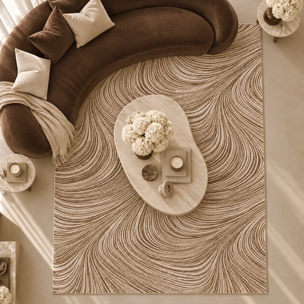 Braun Beige & Brown Swirl Pattern Abstract Rug, 221 x 160cm