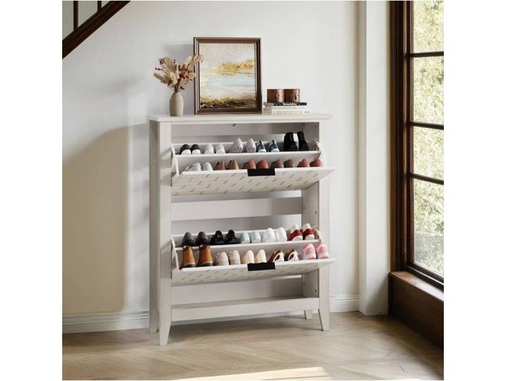 ELVORIN Meuble a chaussures vintage 80 cm blanc retro MDF pieds en bois massif poignee metallique noire