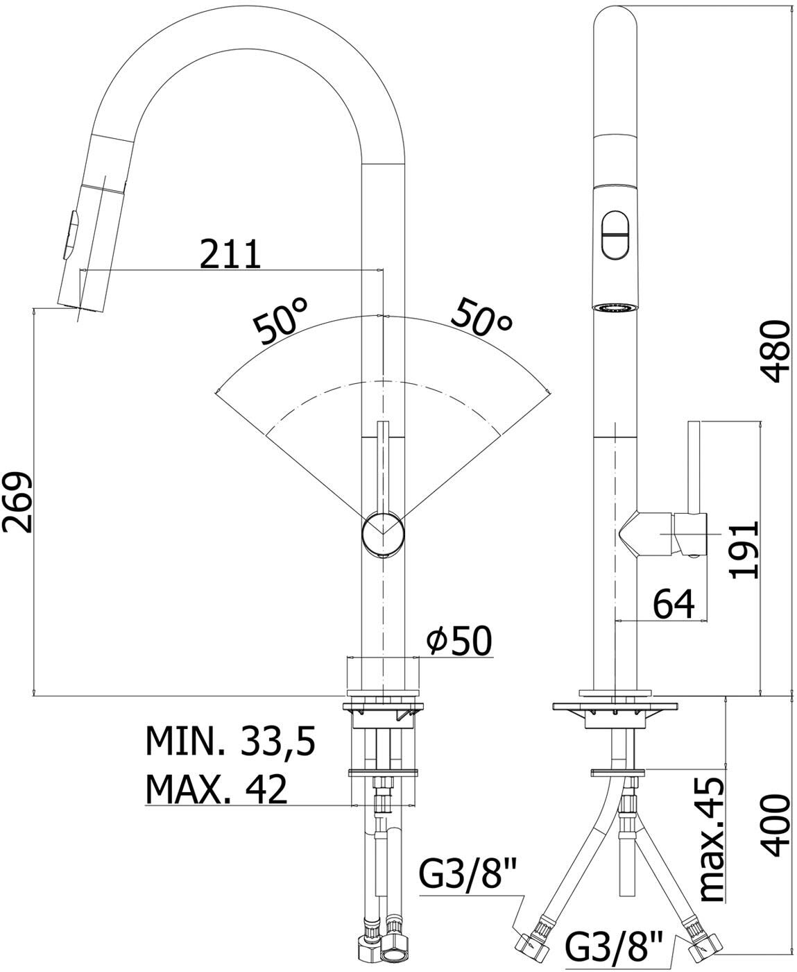 Kronenbach AQA Design 2.0 Küchenarmatur mit hohem schwenkbarem Auslauf, herausziehbare Handbrause mit 2 Strahlarten