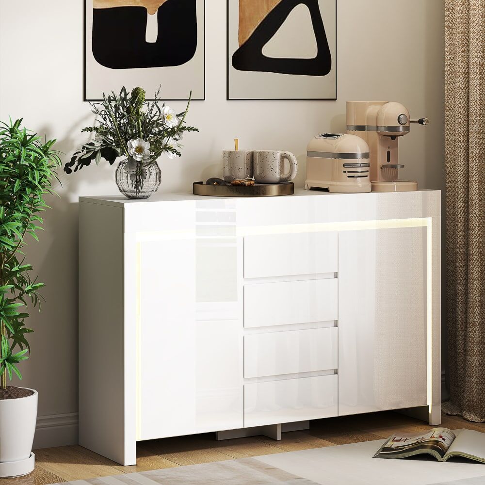 Homcom Buffet salon éclairage led 4 tiroirs en bois blanc brillant Blanc 120x80x34cm