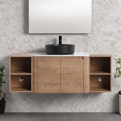 ZWYO HOSIMU "54"" Plywood Bathroom Vanity with Ceramic Art Sink, Soft-Close Doors & 2 Storage Shelves, Wall-Mounted Design"