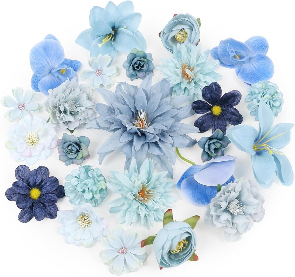Set van 24 handgemaakte kunstbloemen voor decoratie in het blauw