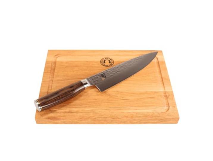 KAI Shun Messer – Tim Mälzer Kochmesser - Santokumesser Premier TDM 1706 – ultrascharfes japanisches Messer + 100% handgefertigtes Schneidebrett Unikat 30x22cm