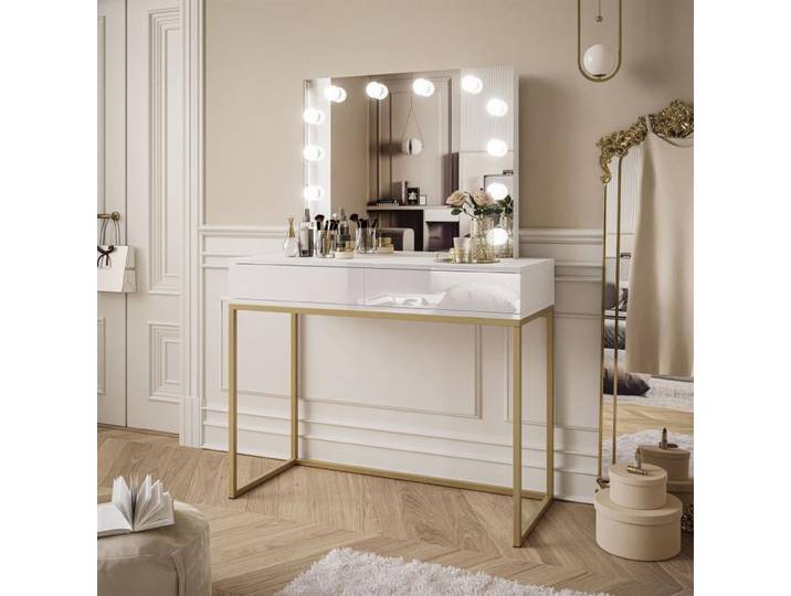 Schminktisch BLANCO GOLD ELITE mit Spiegel und Beleuchtung weiß Hochglanz