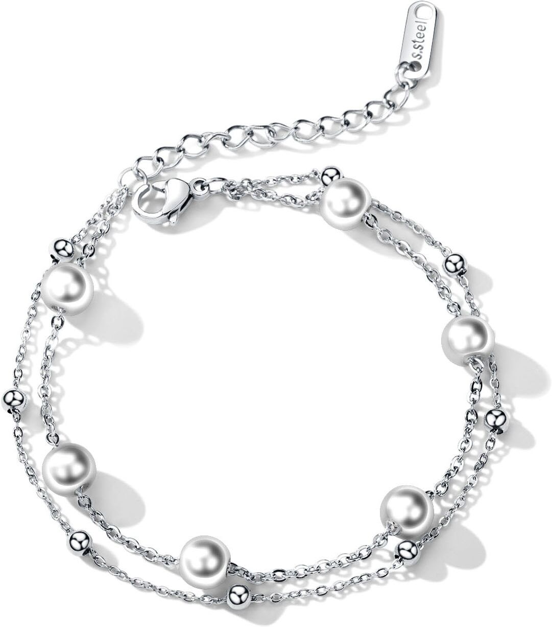 Perlenarmband FIRETTI "Schmuck Geschenk Armschmuck Armkette Perle", silber (edelstahlfarben, weiß), Armbänder, Mädchen, 21,5cm, Edelstahl Perlen, Edelstahl, Perlen, Perlenarmband, mit Perle (synth.) edelstahlfarben, weiß 21,5cm, Edelstahl Perlen