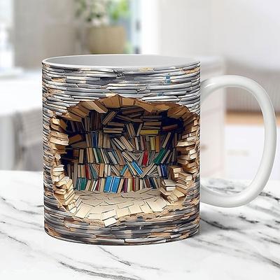3D Bücherregal Tasse, Keramik Tasse, Bibliothek Bücherregale Loch in einer Wand Tasse, Buchliebhaber Kaffeetasse, coole Büchergeschenke für Leser Weihnachten Weihnachtsgeschenk