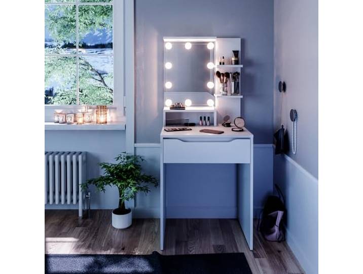 Vicco Schminktisch Ruben, Weiß 60 cm Spiegel mit LED-Lichterkette · 1 Schublade · Freistehend · mit Ablagefächern · Kompakte Form