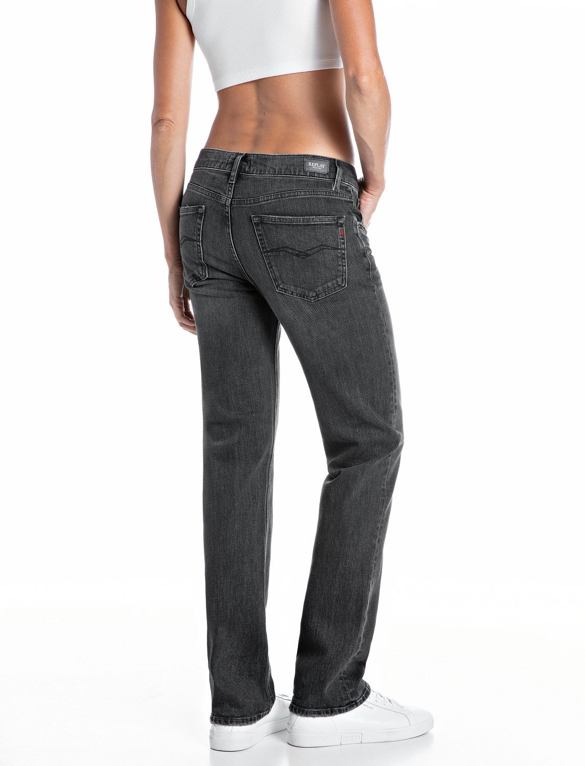Straight-Jeans REPLAY "AKEME", Damen, Gr. 31, Länge 32, grau (dunkelgrau), Denim/Jeans, Obermaterial: 99% Baumwolle, 1% Elasthan, Destroyed-Effekte, straight fit lang, Jeans Straight-Jeans, mit niedriger Leibhöhe dunkelgrau 31, Länge 32