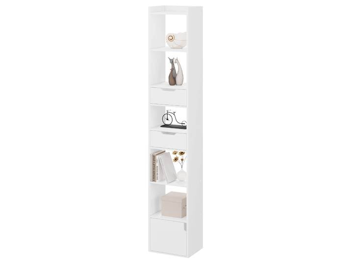 WOLTU Étagère haute étroite, unité de rangement autoportante avec 6 compartiments et 2 tiroirs pour salon, chambre à coucher, bureau