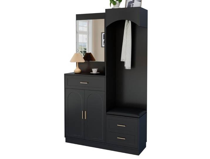 Meuble d'entrée - Moderne - Noir - Étagères réglables - Cintres cachés - Banc à chaussures