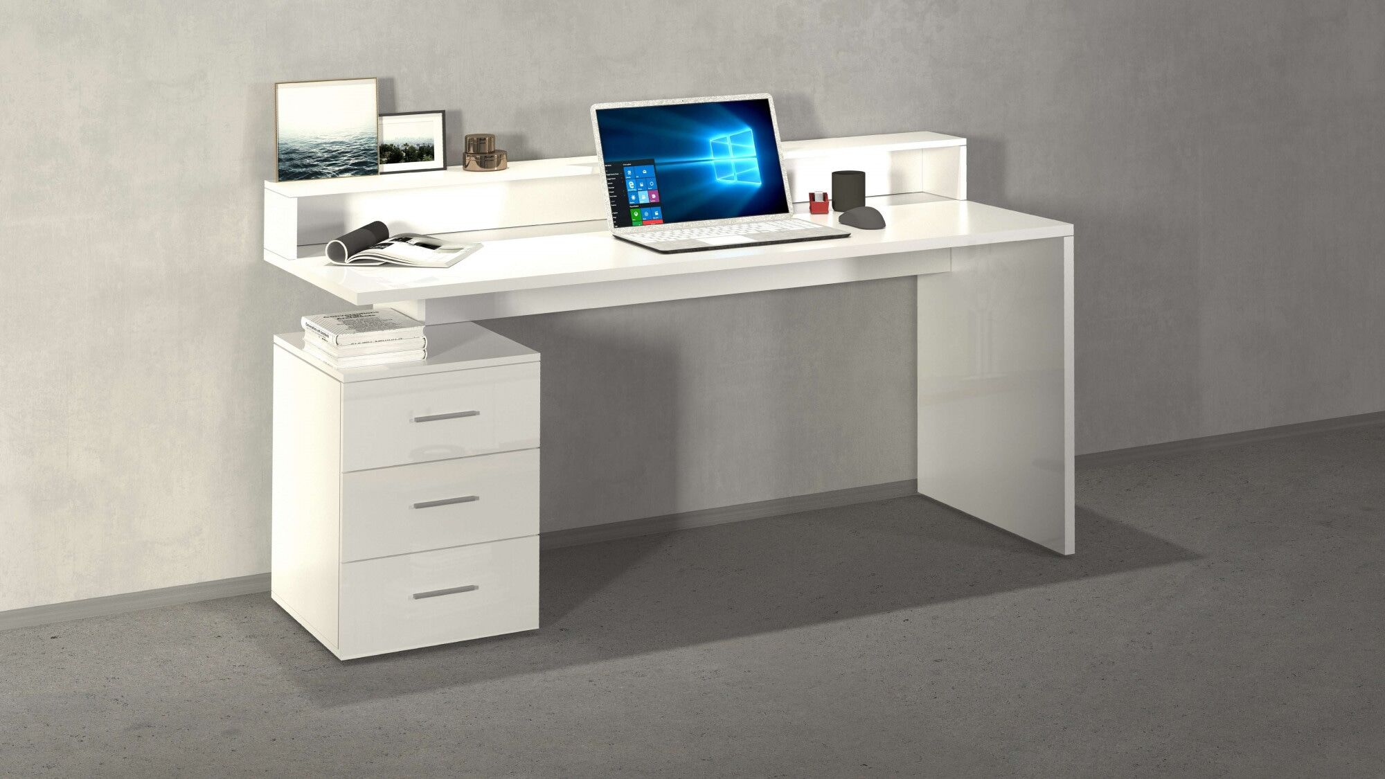 Schreibtisch HOME AFFAIRE "NEW SELINA", weiss (weiß hochglanz), B:160cm H:90cm T:60cm, Tische, Schreibtisch, hochwertiges ital. Design weiß hochglanz B/H/T: 160cm x 90cm x 60cm,mit Monitoraufsatz