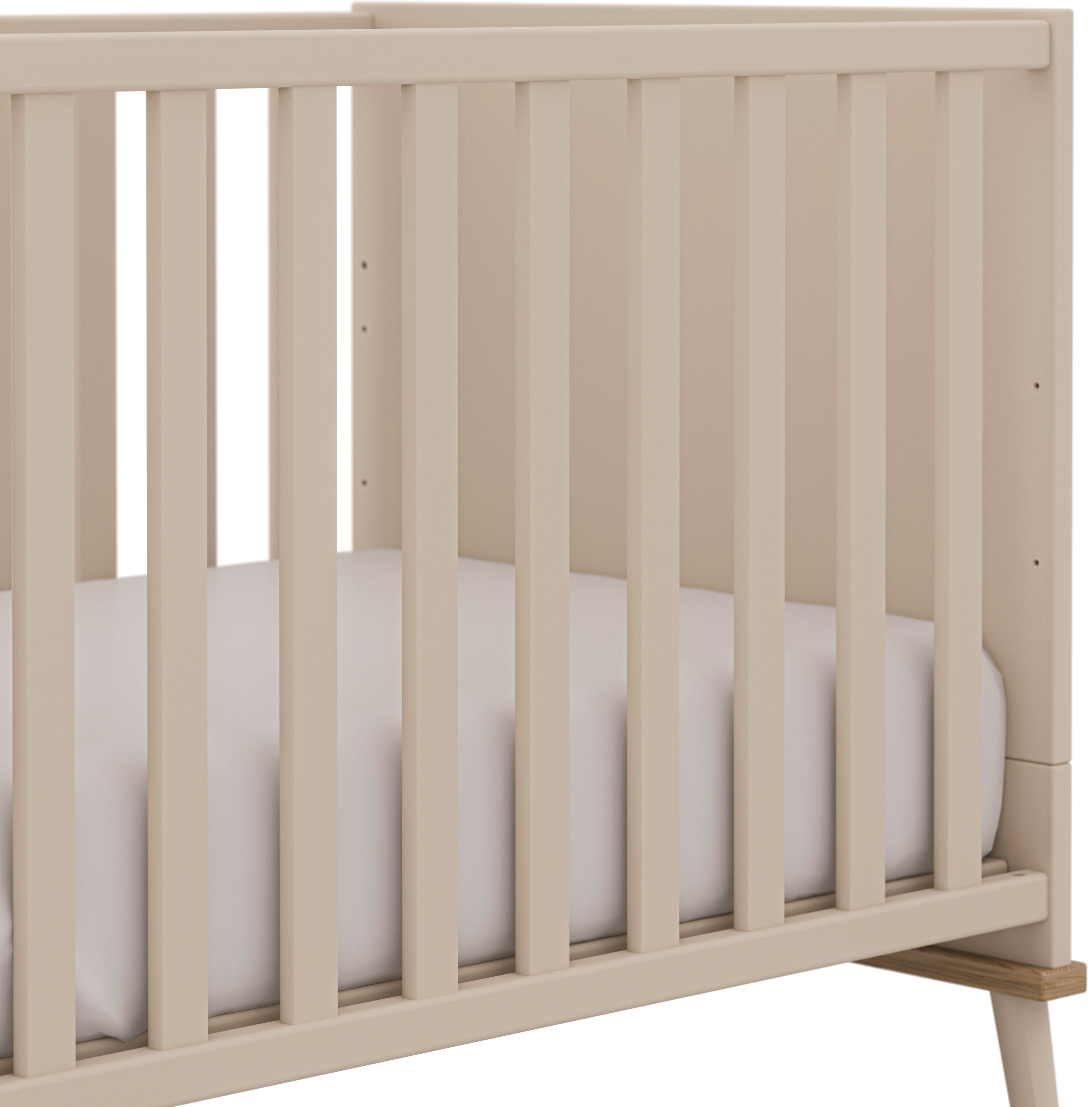 Babybett YUNY BY PAIDI "HAZEL 70x140cm in Beige, umbaubares Kinderbett mit Massivholz", beige (cashmere, beige, eiche, montana), B:146cm H:85cm T:77cm, Holzwerkstoff, Massivholz, Babybetten, Babybett, Gitterbett 4-fach höhenverstellbar, entnehmbare Spross
