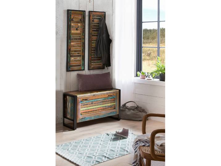 Garderoben-Set SIT Jönköping 3-tlg. aus Altholz – Lamellenoptik – Shabby Chic , bunt (bunt, schwarz), Schuhschrank und 2 Garderoben Paneele, Massivholz, Kastenmöbel-Sets, Garderoben-Set, Bunt lackierte Lamellenfront mit kontrastierendem Metallrahmen