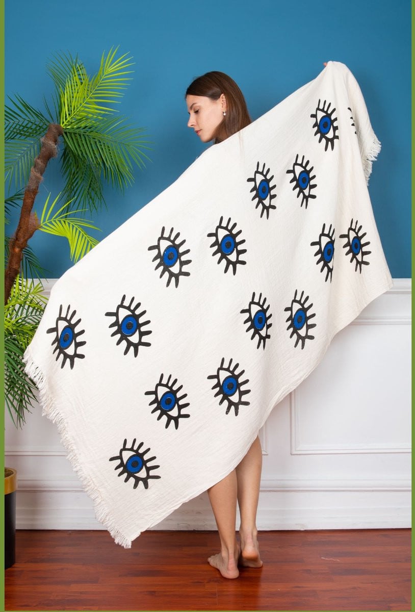 Trimita Boze Oog hamamdoek van 100% Turks katoen in crème en blauw, 100 x 180 cm