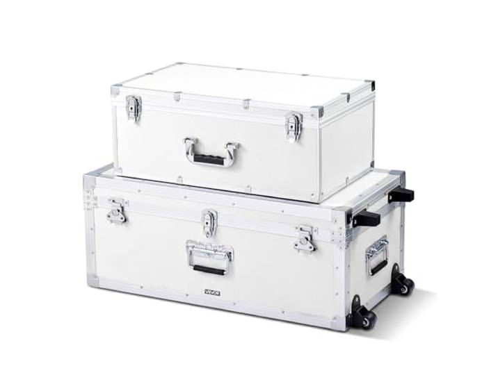 VEVOR Lot de 2 Caisses de Transport\, Coffre de Rangement à Roulettes avec 3 Poignées Métalliques\, Valises pour Voyage\, Stockage\, Décoration de Maison\, Cadre en Métal\, Cadenas à Combinaison\, Blanches