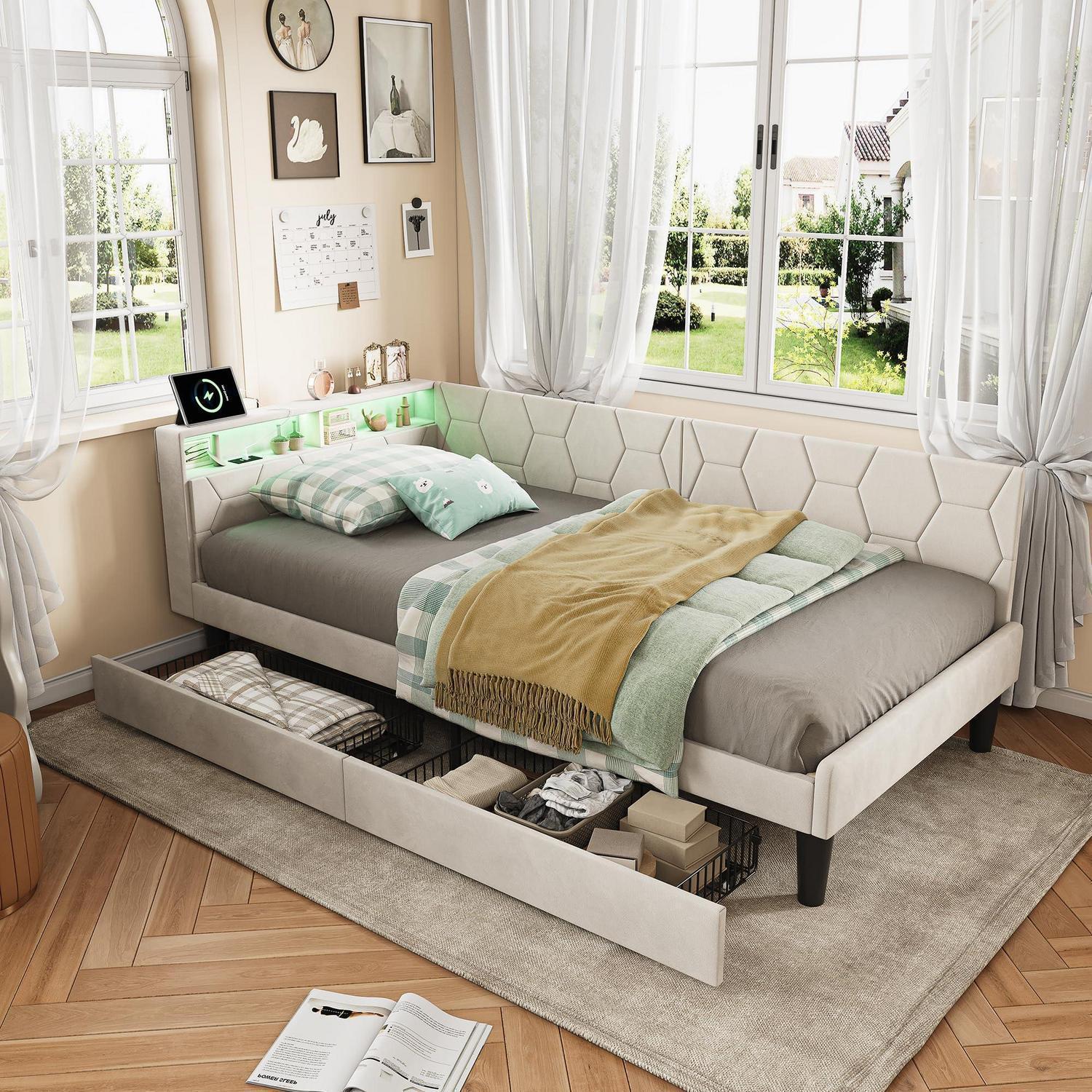 Schlafsofa 90x200cm Tagesbett mit Stauraum, LED & USB, Samt Beige
