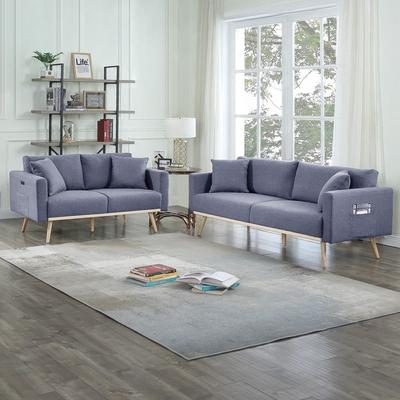 Esofastore 2pc Gray Upholstered Living Room Sofa Set USB Charging Ports