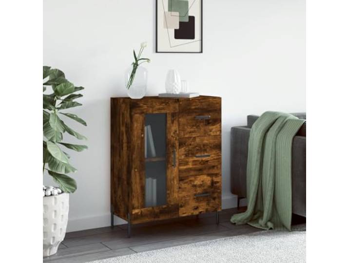 RJPLMFV Anrichte Eiche rauchfarben, 69,5 x 34 x 90 cm, Holz 3 Schubladen, 2 Fächer, Glastür, Metallbeine, Aufbewahrungsmöbel