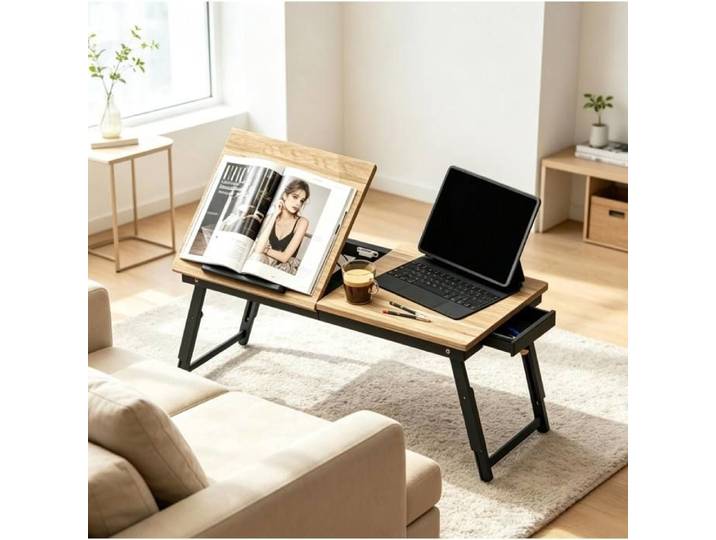 Bureau ordinateur réglable en hauteur plateau inclinable avec tiroir pliable bambou MDF noir chêne ORVRYN