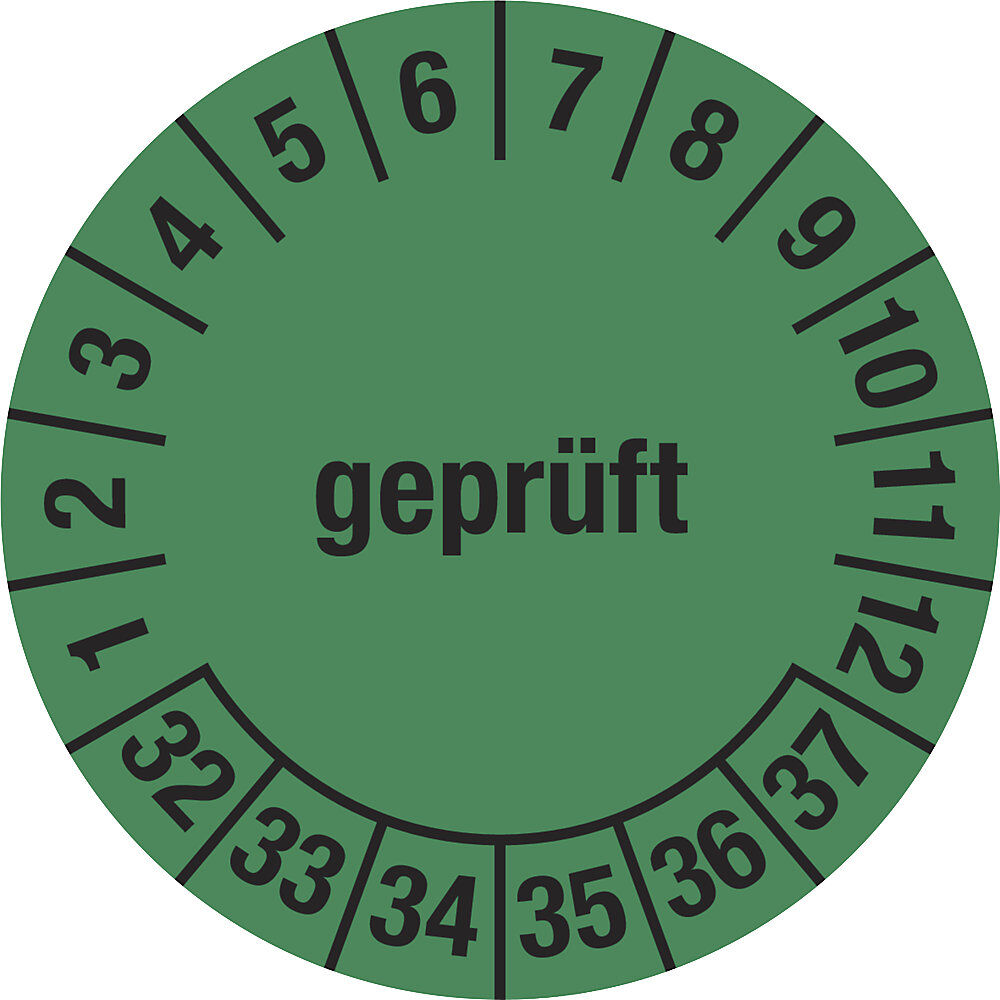 kaiserkraft Mehrjahresplakette, geprüft, grün, Dokumentenfolie, Ø 30 mm, VE 10 Stk, 32 - 37