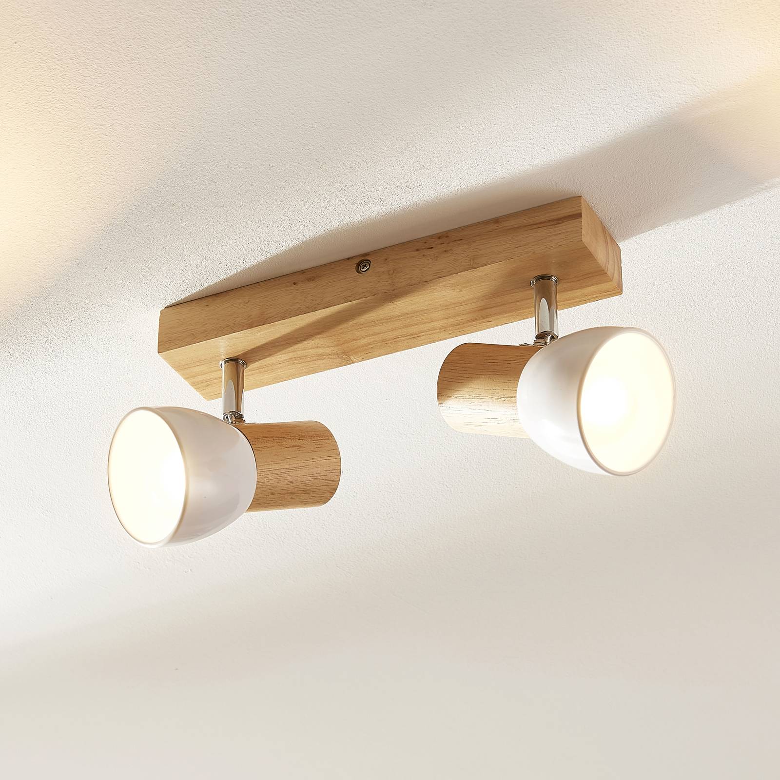 Lindby ceiling light Thorin, 27 cm, 2-bulb, white, wood, E14 Thorin Lindby, dimmable, Light wood, Living / Dining Room, Wood, Scandinavian, Ceiling Light
