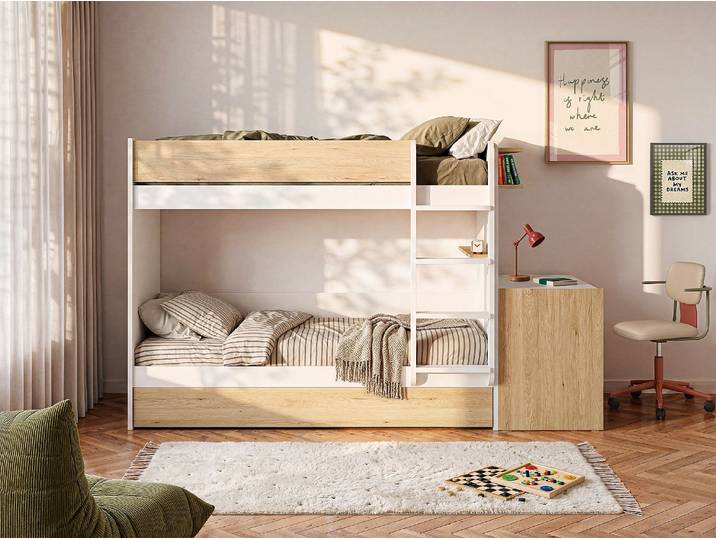 Etagenbett mit zusätzlichem Ausziehbett & 2 Schreibtischen - 3 x 90 x 190 cm - Weiß & Holzfarben - DOMATI