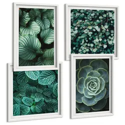 BILDER SET 4er Set - 50x50 cm & 40x60 cm Weißer Rahmen - Grüne Blätter von eleganten Sukkulenten