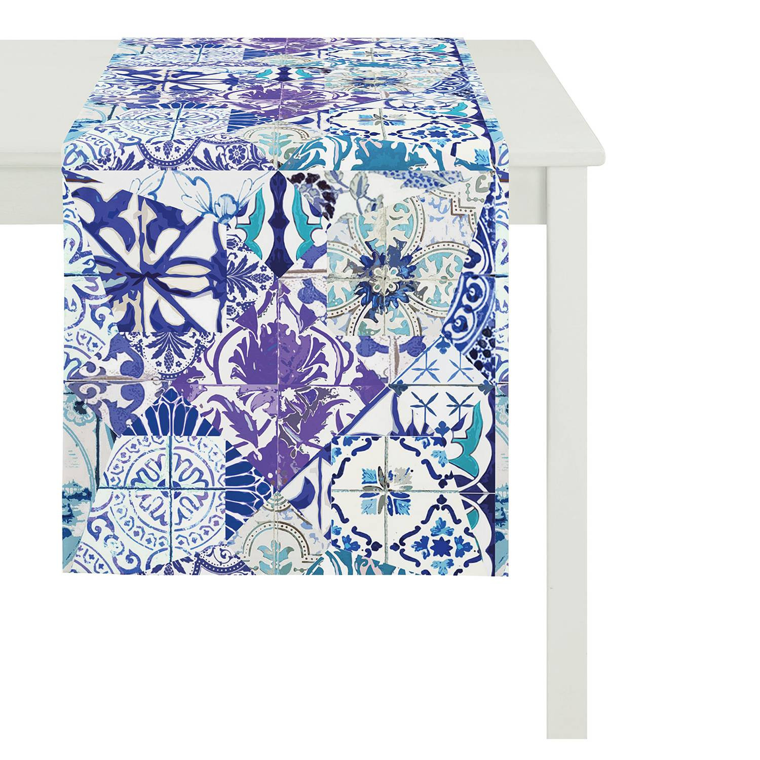 home24 Tafelloper Summer Garden III blauw met grafisch patroon B: 48 cm, L: 140 cm