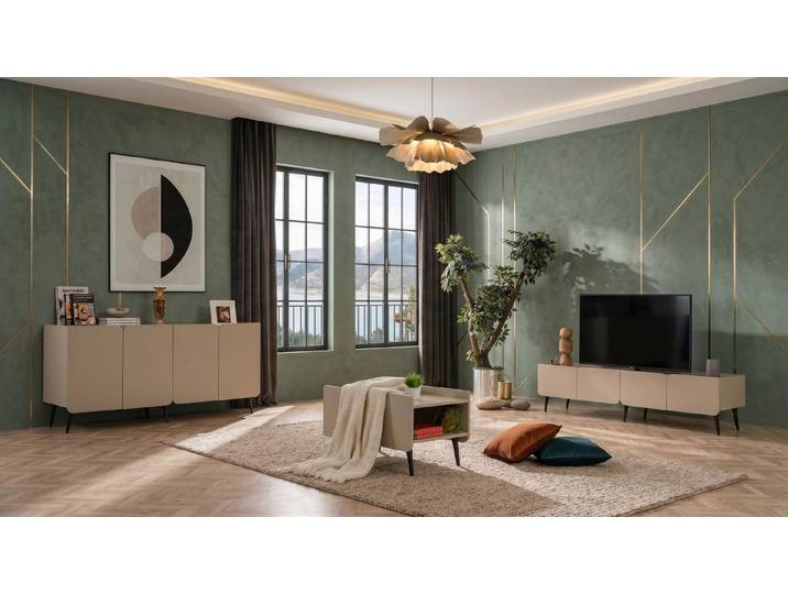 JVmoebel TV-Wand Beiges Wohnzimmer-Set TV-Schrank Couchtisch Designermöbel, Made in Europa